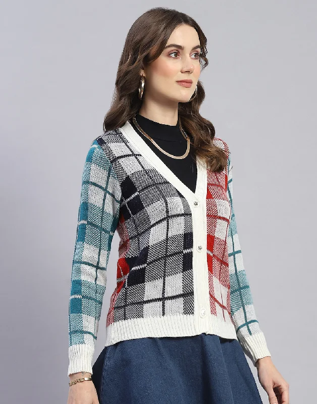 Women Off White Check V Neck Full Sleeve Cardigan