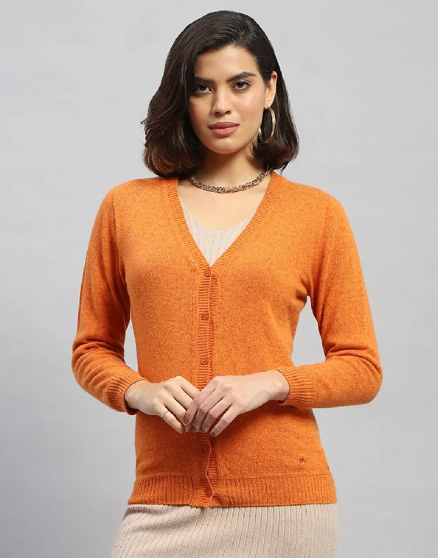 Women Orange Solid V Neck Full Sleeve Cardigan