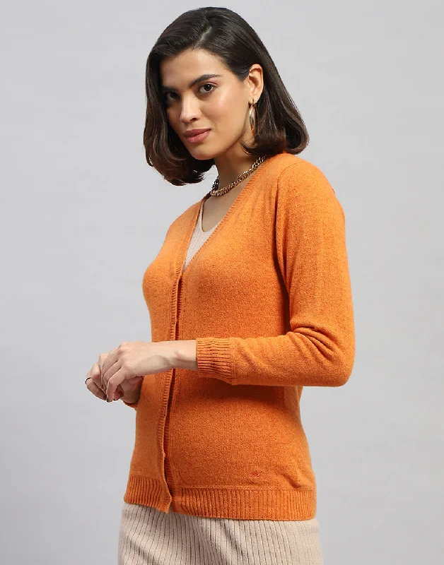 Women Orange Solid V Neck Full Sleeve Cardigan