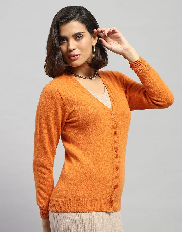 Women Orange Solid V Neck Full Sleeve Cardigan