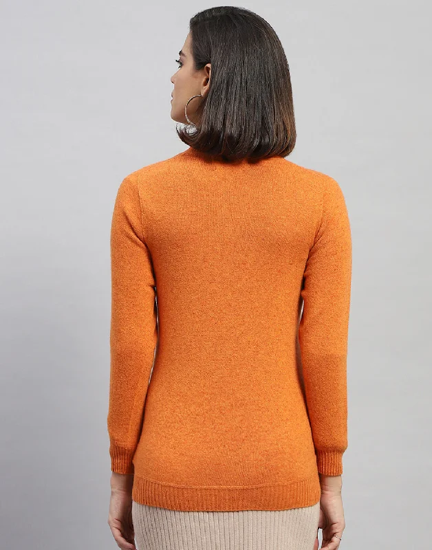 Women Orange Solid V Neck Full Sleeve Cardigan