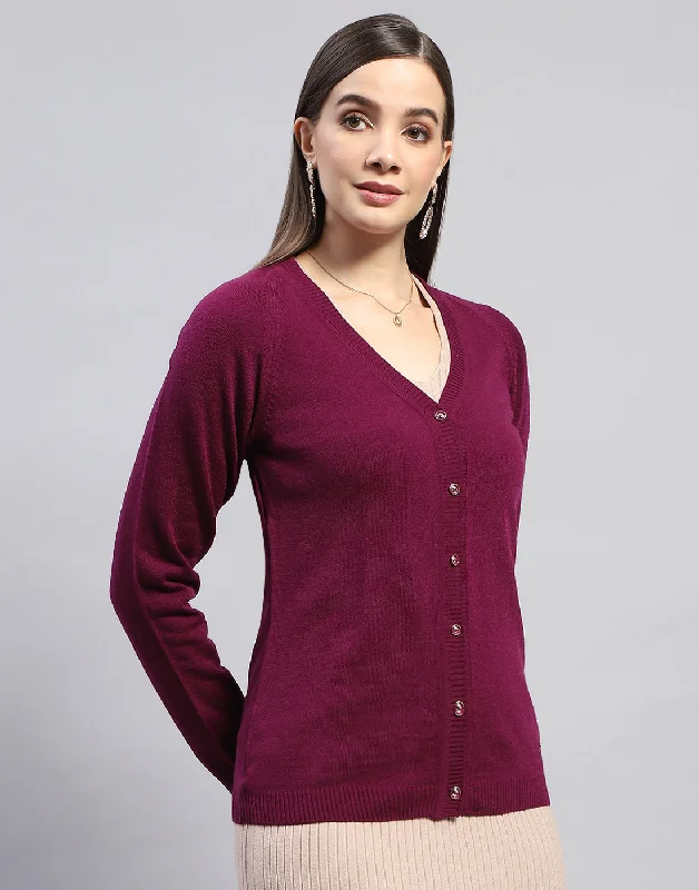 Women Purple Solid V Neck Full Sleeve Cardigan