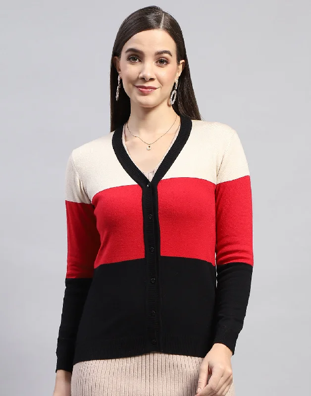 Women Red Self Design V Neck Full Sleeve Cardigan