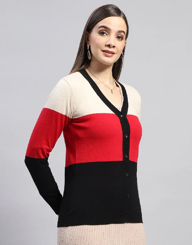 Women Red Self Design V Neck Full Sleeve Cardigan