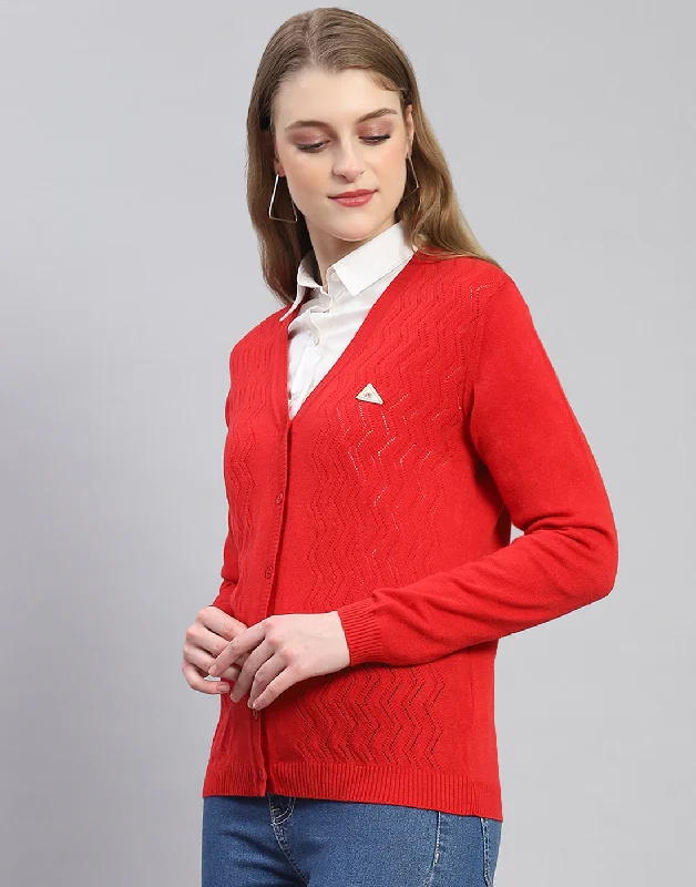 Women Red Self Design V Neck Full Sleeve Cardigan