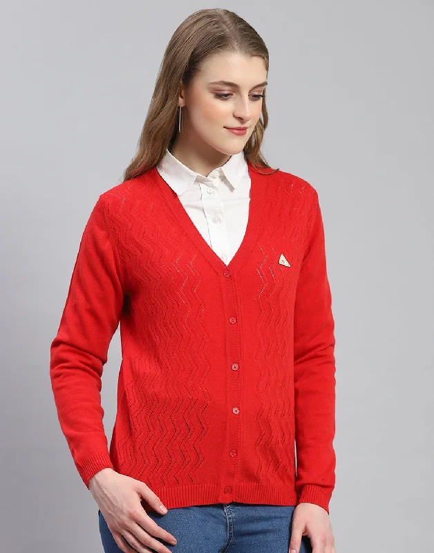 Women Red Self Design V Neck Full Sleeve Cardigan