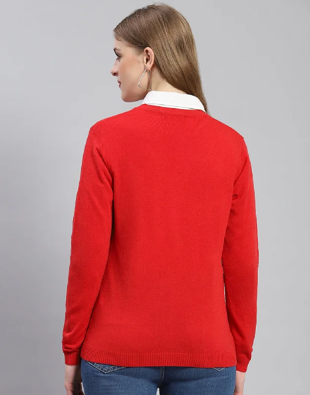 Women Red Self Design V Neck Full Sleeve Cardigan