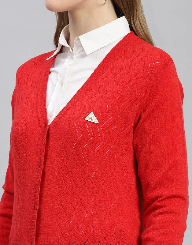 Women Red Self Design V Neck Full Sleeve Cardigan