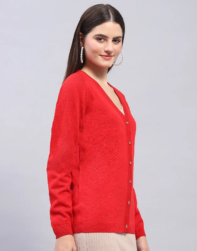 Women Red Solid V Neck Full Sleeve Cardigan