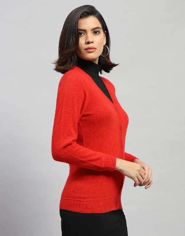 Women Red Solid V Neck Full Sleeve Cardigan