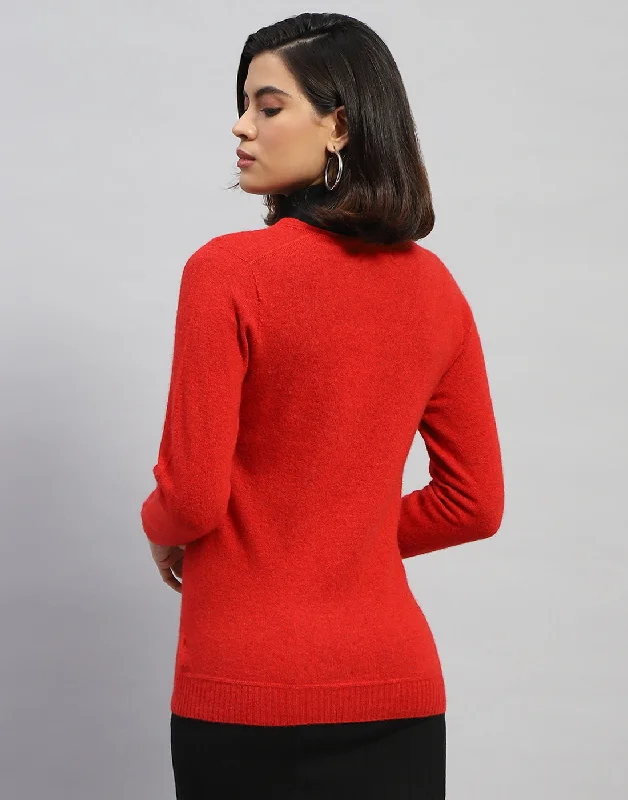 Women Red Solid V Neck Full Sleeve Cardigan