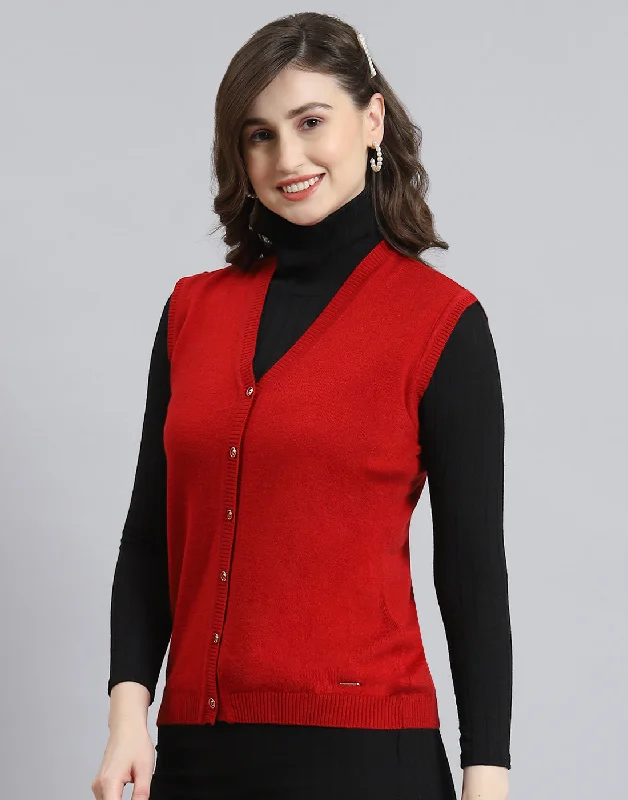 Women Red Solid V Neck Sleeveless Cardigan