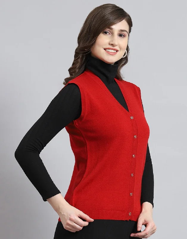 Women Red Solid V Neck Sleeveless Cardigan