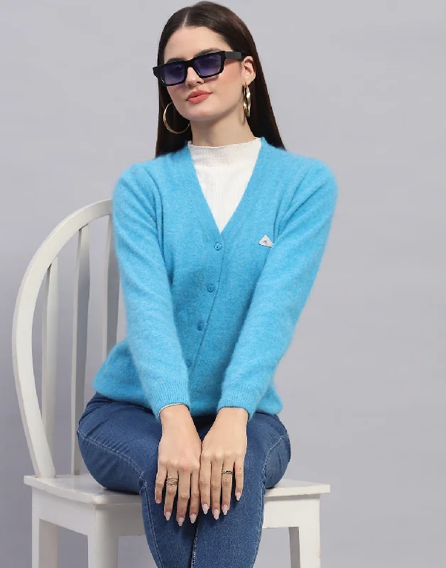 Women Turquoise Blue Solid V Neck Full Sleeve Cardigan