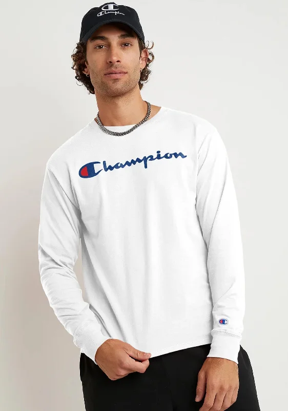 Champion Mens Script Long Sleeve Tee White <br> AXQNN