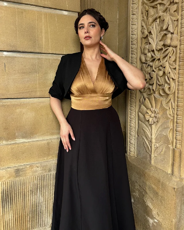1940s Ava Evening Gown Set - Gold Square Neckline Feminine
