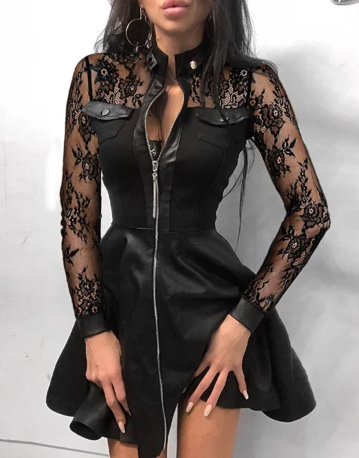 Black Lace Sleeve PU Faux Leather Plus Size Dress Fashion V-Neck Zipper Party Dress Tunics Brand named Black Lace Sleeve PU Faux Leather Plus Size Dress Fashion V-Neck Zipper Party Dress Tunics Brand named