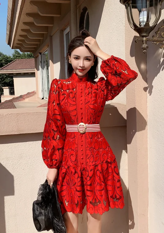High Quality Vintage Hollow Out Lace Floral Embroidery Party Dress High-Low Hemline Casual High Quality Vintage Hollow Out Lace Floral Embroidery Party Dress High-Low Hemline Casual