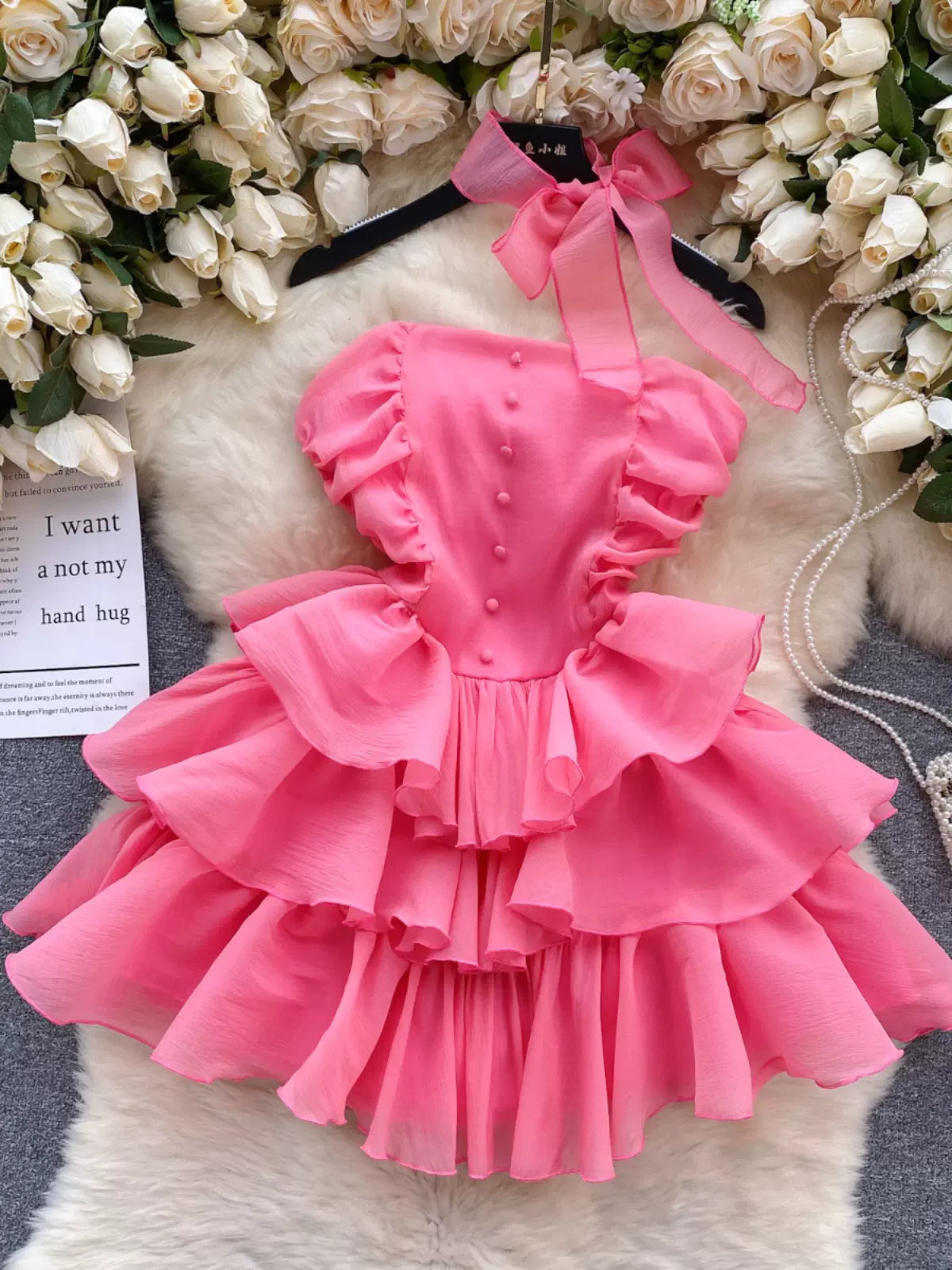Accolade-Winning Pink Ruffle Party Dress with Satin Bows Tunics Distressed trendy