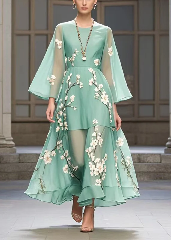 Beautiful Lake Green Plum Blossom Print Chiffon Party Dress Fall Tunics Travel practical