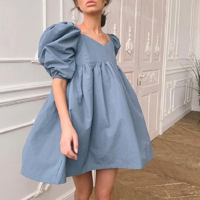 Women Mini Dress Elegant Square Collar Puff Short Sleeve High Waist A-line Party Dress Casual Cute Solid Streetwear Summer Tunics Wedding white Women Mini Dress Elegant Square Collar Puff Short Sleeve High Waist A-line Party Dress Casual Cute Solid Streetwear Summer Tunics Wedding white