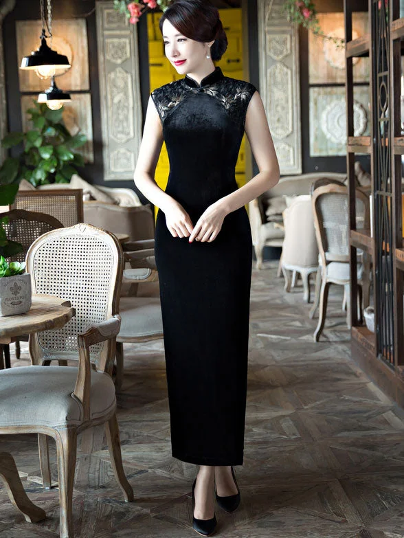 Black Velvet Long Qipao / Cheongsam Party Dress with Lace Insert Tunics Polka dots
