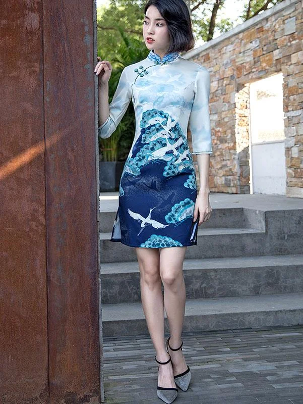 Blue Vintage Printed Short Qipao / Cheongsam Party Dress Tunics Cozy soft
