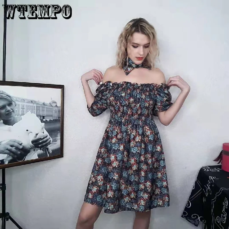 Bohemian Unique Design Woman Summer Retro Floral Dress Elastic Waist Puff Sleeve Pleated Sexy Off-shoulder Party Dress Tunics Top Casual Bohemian Unique Design Woman Summer Retro Floral Dress Elastic Waist Puff Sleeve Pleated Sexy Off-shoulder Party Dress Tunics Top Casual
