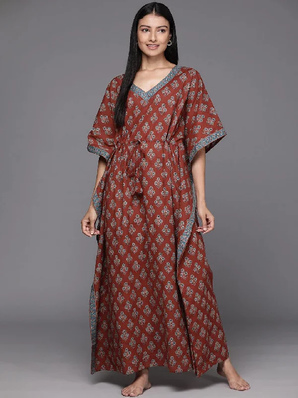 Brown Printed Cotton Night Dress Crew Neckline Sporty