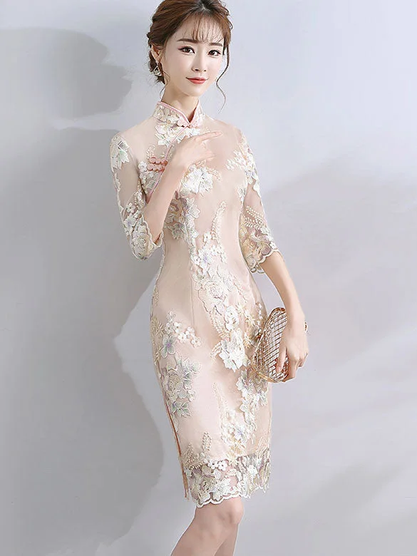 Champagne Embroidered Midi Qipao / Cheongsam Party Dress Cowl Neckline Elegant