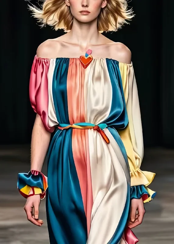 DIY Colorblock Cold Shoulder Patchwork Silk Party Dress Summer Tunics Brand named