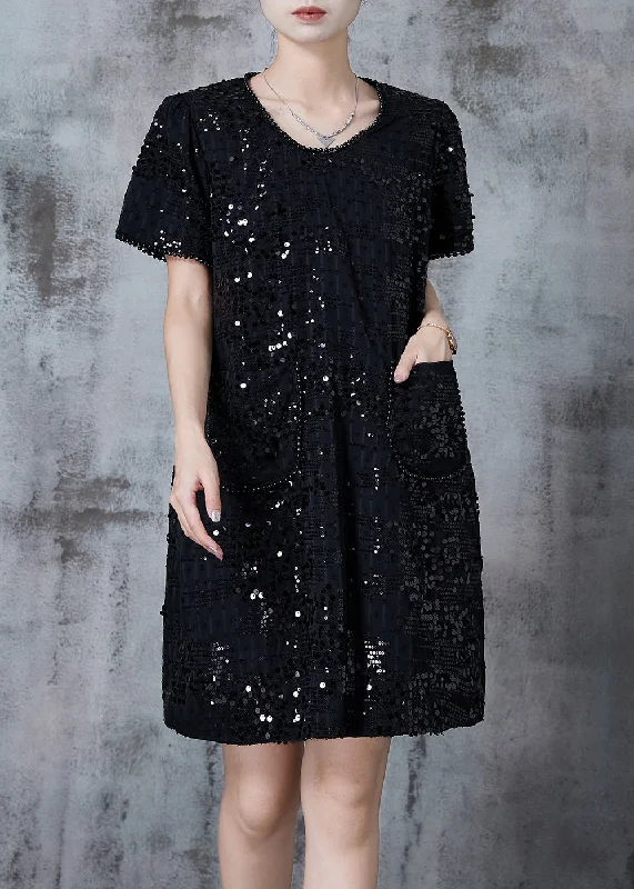 Elegant Black Sequins Nail Bead Party Dresses Summer Tunics Fashionable trendy