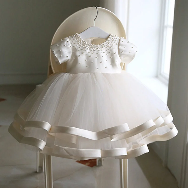 Baptism Dresses Baby Girl Summer White Bead Puffy Mesh Birthday Party Dress Tunics Mesh breathable