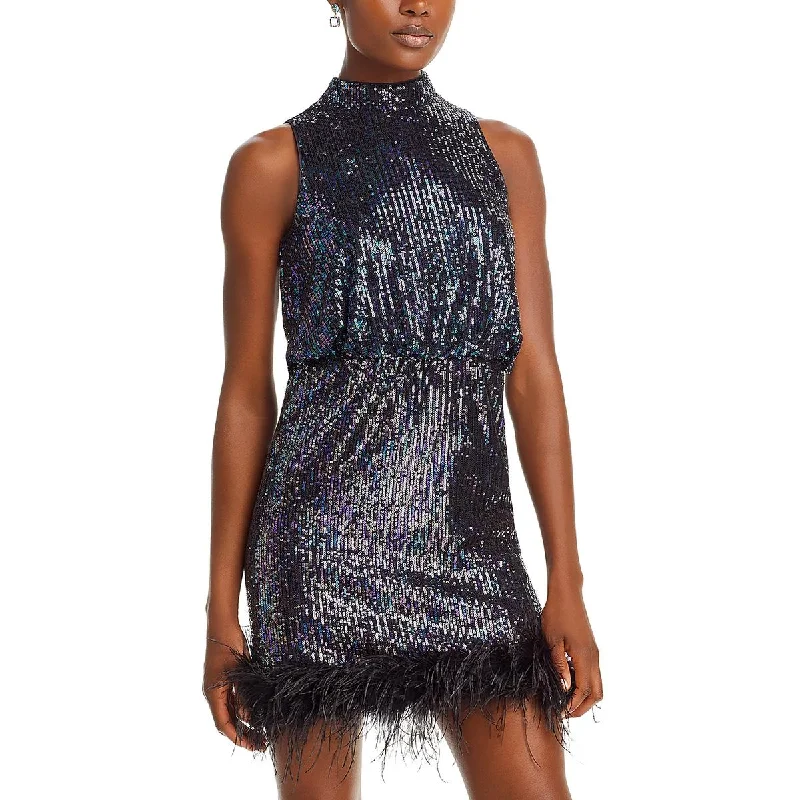 Eliza J Womens Feather Trim Sequined Cocktail And Party Dress Tunics Designer luxury Eliza J Womens Feather Trim Sequined Cocktail And Party Dress Tunics Designer luxury