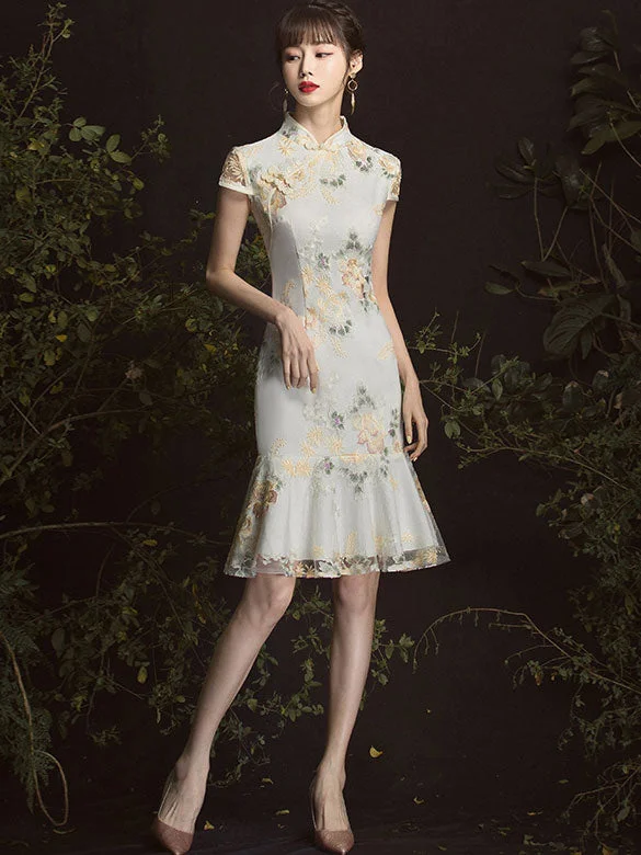 Embroidered Frill Hem Short Qipao / Cheongsam Party Dress Tunics Essential wardrobe