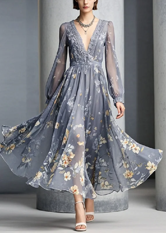 French Grey V Neck Print Chiffon Party Dresses Fall Off-the-shoulder Chic Trendy