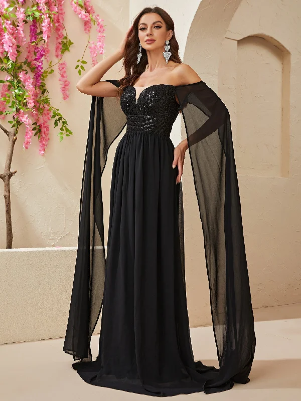 Fulgent Starlight Chiffon Black Maxi Party Dress Tunics Office stylish