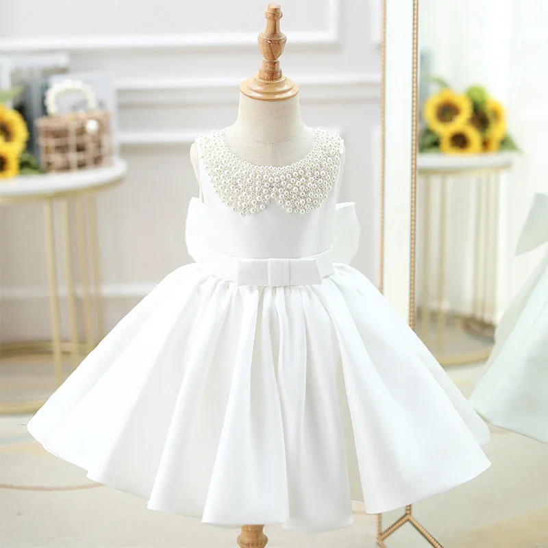 Toddler First Communion Dress Baby Girl Princess Party Dress White Bead Collar Flower Girl Dress Halter Neckline Beach