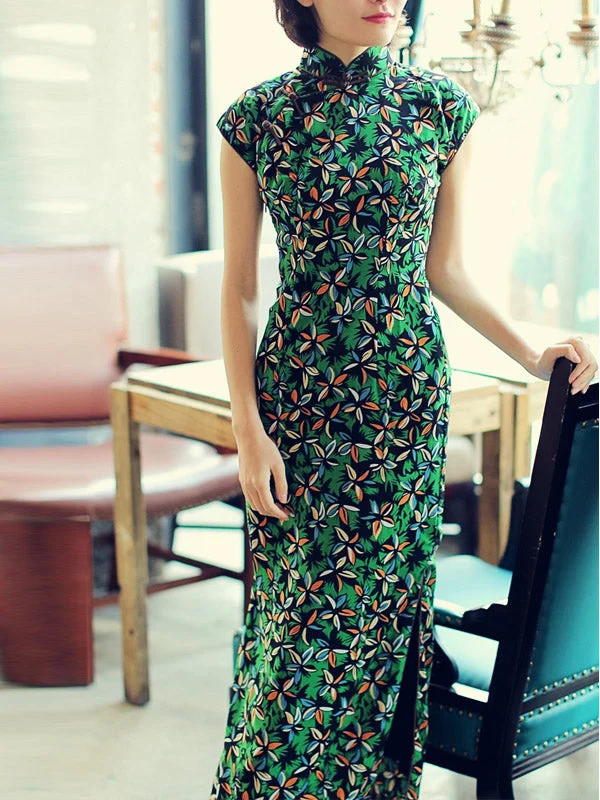Green Floral Chiffon Qipao / Cheongsam Party Dress Tunics Trousers formal