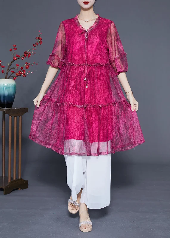 Handmade Rose Ruffled Exra Large Hem Chiffon Party Dress Half Sleeve Tunics Vintage classic Handmade Rose Ruffled Exra Large Hem Chiffon Party Dress Half Sleeve Tunics Vintage classic