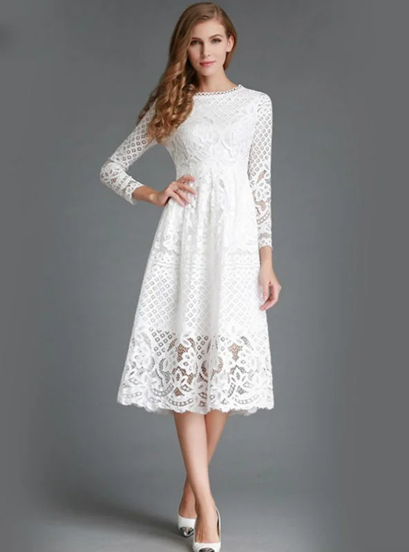 Hollow Out Elegant White Lace Elegant Party Dress Crew Neckline Casual