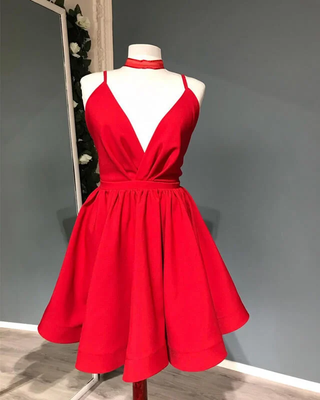 Short Red Plunging Satin Party Dress Turtleneck Neckline Stylish