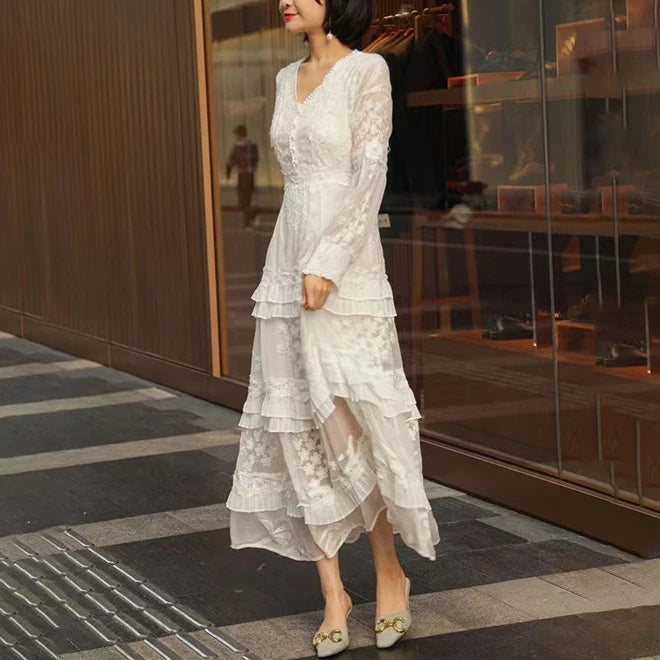 LIZAKOSHT  -  Vintage Long Sleeve Party Dress for Women Casual Deep V Floral Embroidery Boho Dresses Summer Casual Lace Vestidos Tunics Chinos classic