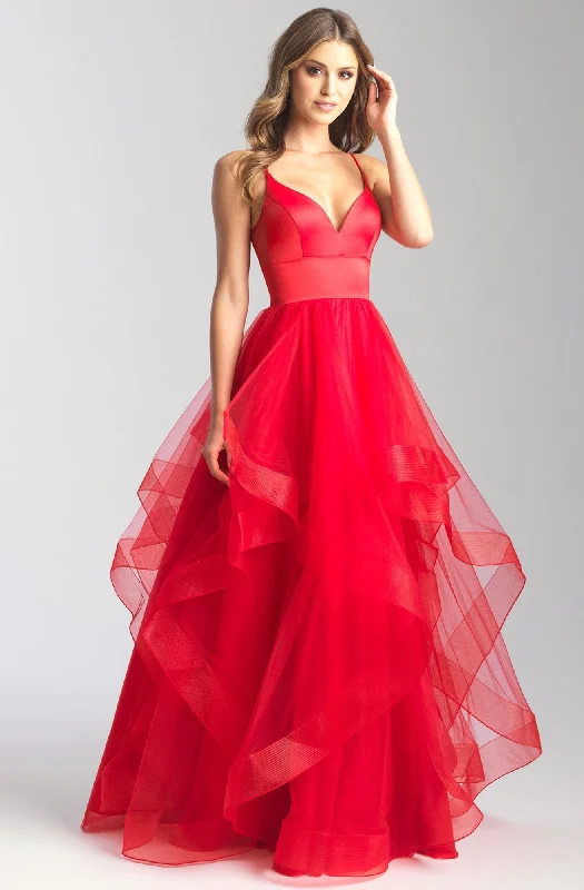 Madison James - 20-328SC Plunging V-Neck Ruffled Evening Gown Glittery Long Formal