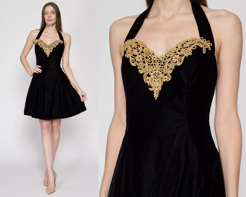 Medium 80s Black Velvet Halter Party Dress Turtleneck Warm Winter