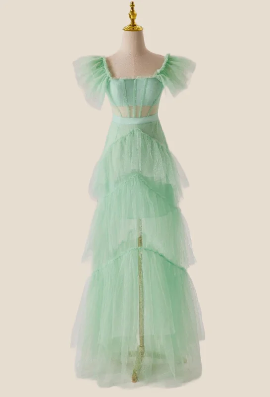 Mint Green Flare Sleeves Ruffles Long Party Dress Tunics Canvas sturdy