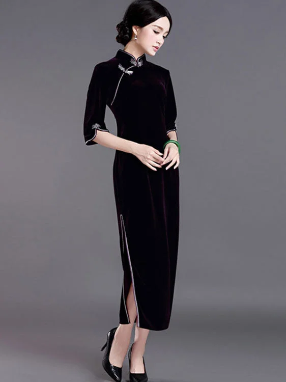 Mother's Velvet Half Sleeve Long Qipao / Cheongsam Party Dress Tunics Lace romantic
