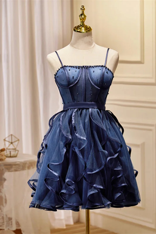 Navy Blue Beaded Ruffled Short A-line Party Dresss Tunics Custom made