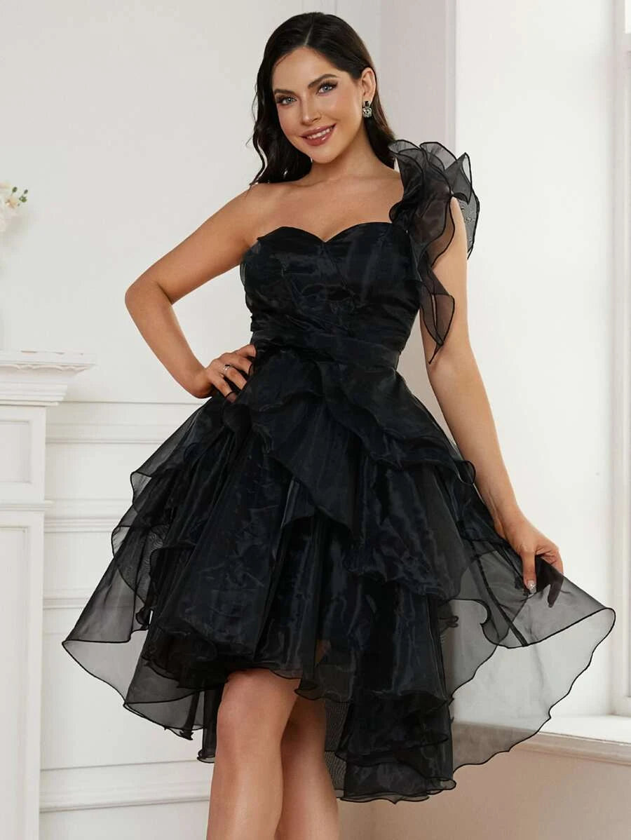 One-Shoulder Tulle Black Ruffles Short Mini Party Dress Tunics Floral girly