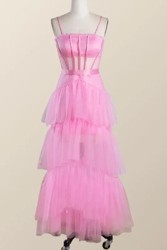 Pink Tulle Tiered Ruffle Party Dress Tunics Travel practical